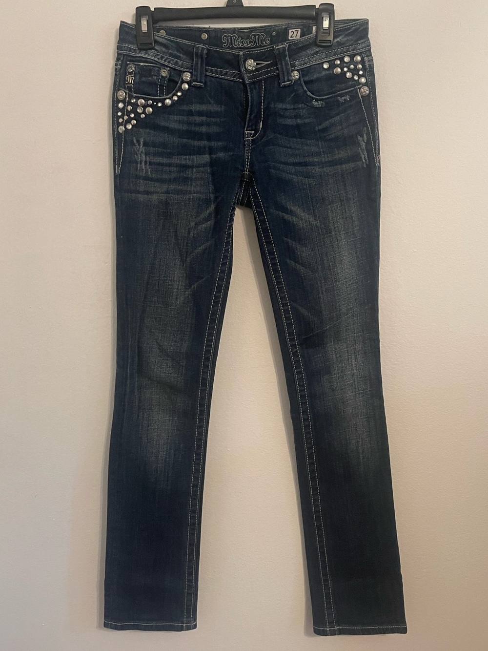 Miss Me Dark Wash Skinny Jeans with Pearl Stud Accents. Size 26